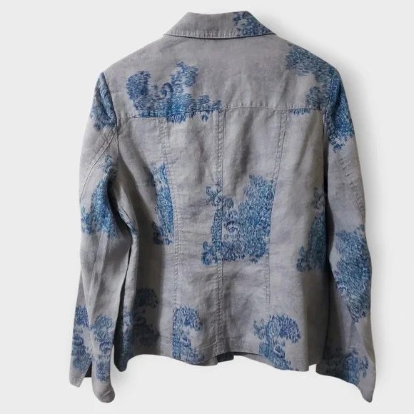 Coldwater Creek Womens 14 Gray Blue Floral Ikat 100% Linen Snap Button Jacket - Picture 5 of 13